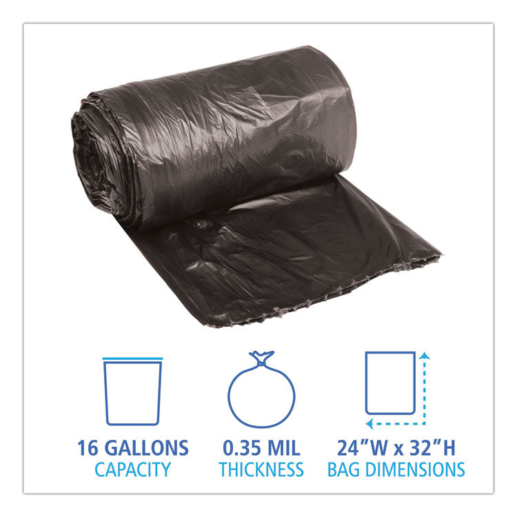Low-Density Waste Can Liners, 16 gal, 0.35 mil, 24" x 32", Black, Perforated Roll, 50 Bags/Roll, 10 Rolls/Carton