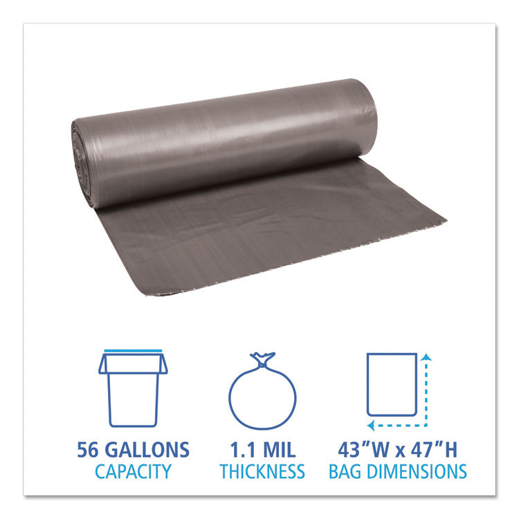 Low-Density Waste Can Liners, 56 gal, 1.1 mil, 43" x 47", Gray, Perforated Roll, 20 Bags/Roll, 5 Rolls/Carton