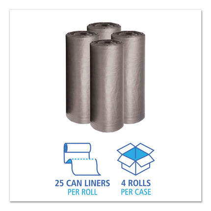 Low-Density Waste Can Liners, 45 gal, 0.95 mil, 40" x 46", Gray, Perforated Roll, 25 Bags/Roll, 4 Rolls/Carton