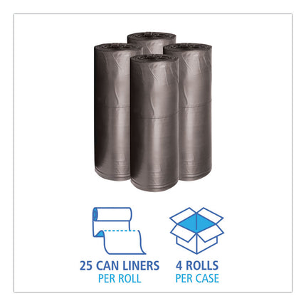 Low-Density Waste Can Liners, 60 gal, 0.65 mil, 38" x 58", Black, Perforated Roll, 25 Bags/Roll, 4 Rolls/Carton