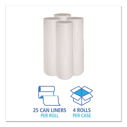 Low-Density Waste Can Liners, 45 gal, 0.6 mil, 40" x 46", White, Perforated Roll, 25 Bags/Roll, 4 Rolls/Carton