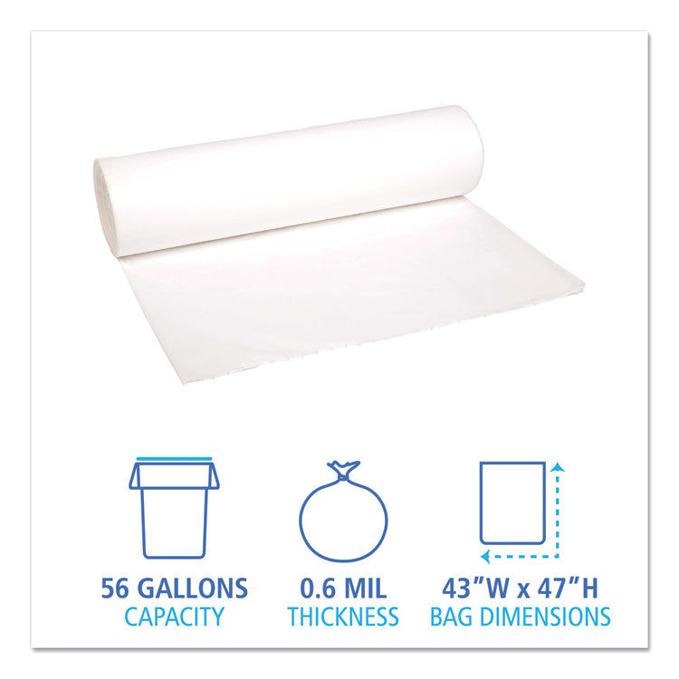 Low-Density Waste Can Liners, 56 gal, 0.6 mil, 43" x 47", White, Perforated Roll, 25 Bags/Roll, 4 Rolls/Carton