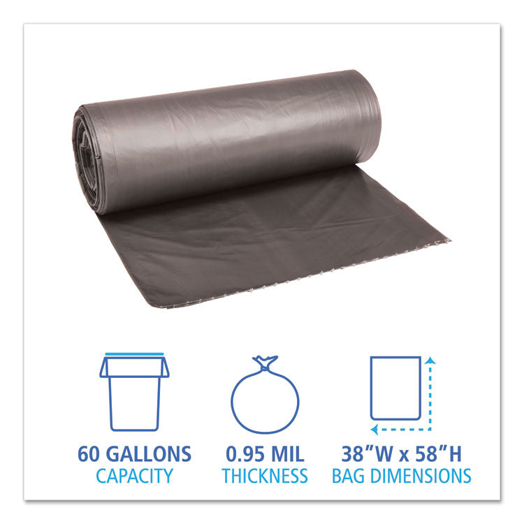 Low-Density Waste Can Liners, 60 gal, 0.95 mil, 38" x 58", Gray, Perforated Roll, 25 Bags/Roll, 4 Rolls/Carton