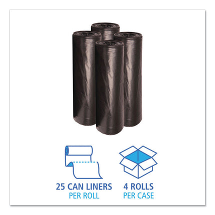 Low-Density Waste Can Liners, 56 gal, 0.6 mil, 43" x 47", Black, Perforated Roll, 25 Bags/Roll, 4 Rolls/Carton