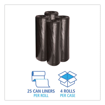 Low-Density Waste Can Liners, 45 gal, 0.6 mil, 40" x 46", Black, Perforated Roll, 25 Bags/Roll, 4 Rolls/Carton