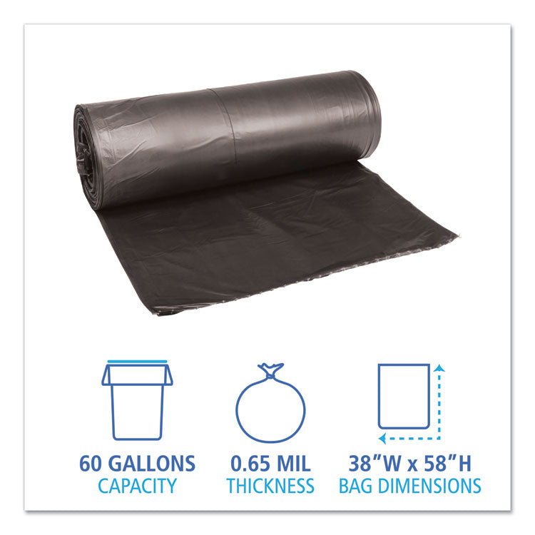 Low-Density Waste Can Liners, 60 gal, 0.65 mil, 38" x 58", Black, Perforated Roll, 25 Bags/Roll, 4 Rolls/Carton