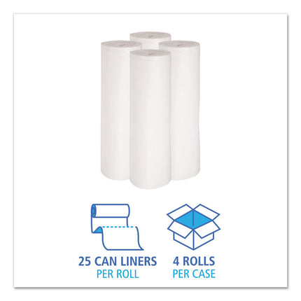 Low-Density Waste Can Liners, 60 gal, 0.6 mil, 38" x 58", White, Perforated Roll, 25 Bags/Roll, 4 Rolls/Carton