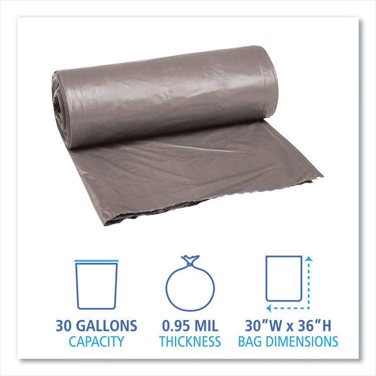 Low-Density Waste Can Liners, 30 gal, 0.95 mil, 30" x 36", Gray, Perforated Roll, 25 Bags/Roll, 4 Rolls/Carton
