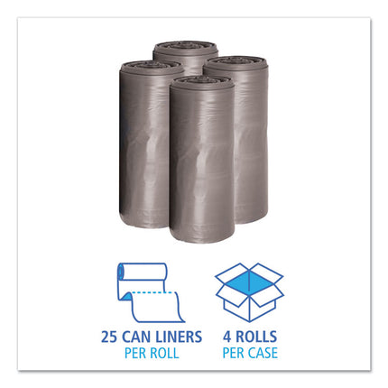 Low-Density Waste Can Liners, 33 gal, 1.1 mil, 33" x 39", Gray, Perforated Roll, 25 Bags/Roll, 4 Rolls/Carton
