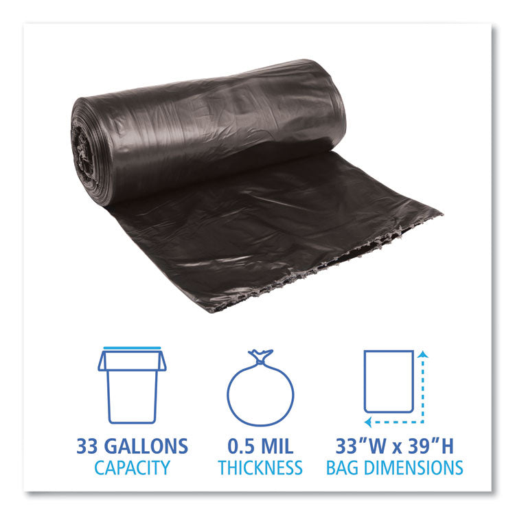 Low-Density Waste Can Liners, 33 gal, 0.5 mil, 33" x 39", Black, Perforated Roll, 25 Bags/Roll, 8 Rolls/Carton