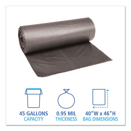 Low-Density Waste Can Liners, 45 gal, 0.95 mil, 40" x 46", Gray, Perforated Roll, 25 Bags/Roll, 4 Rolls/Carton