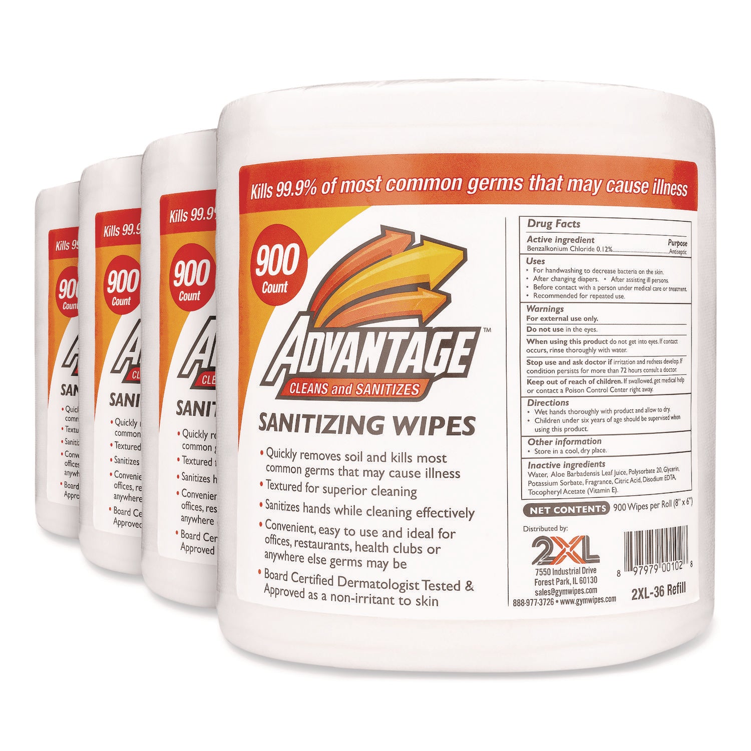 Gym Wipes Advantage, 1-Ply, 6 x 8, Unscented, White, 900/Roll, 4 Rolls/Carton