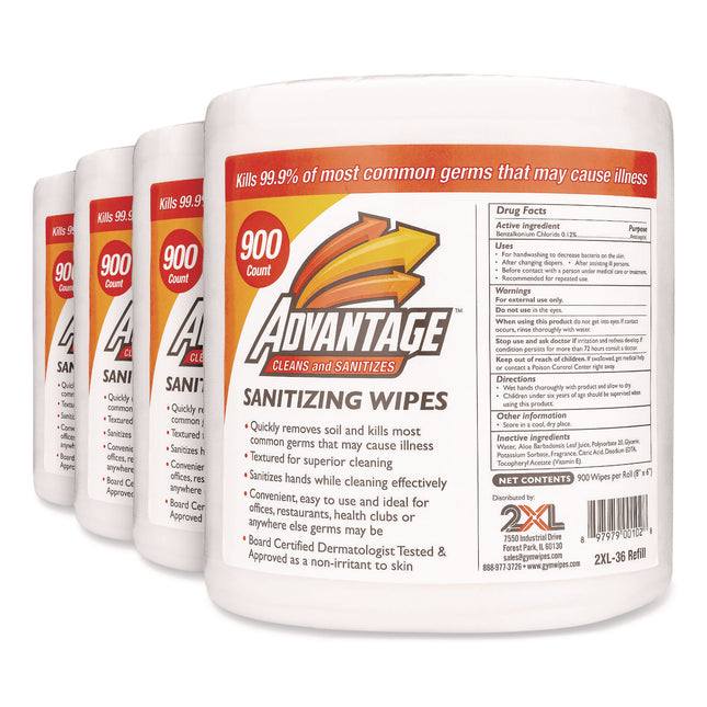Gym Wipes Advantage, 1-Ply, 6 x 8, Unscented, White, 900/Roll, 4 Rolls/Carton