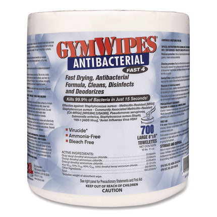Antibacterial Gym Wipes Refill, 1-Ply, 6 x 8, Unscented, White, 700 Wipes/Pack, 4 Packs/Carton
