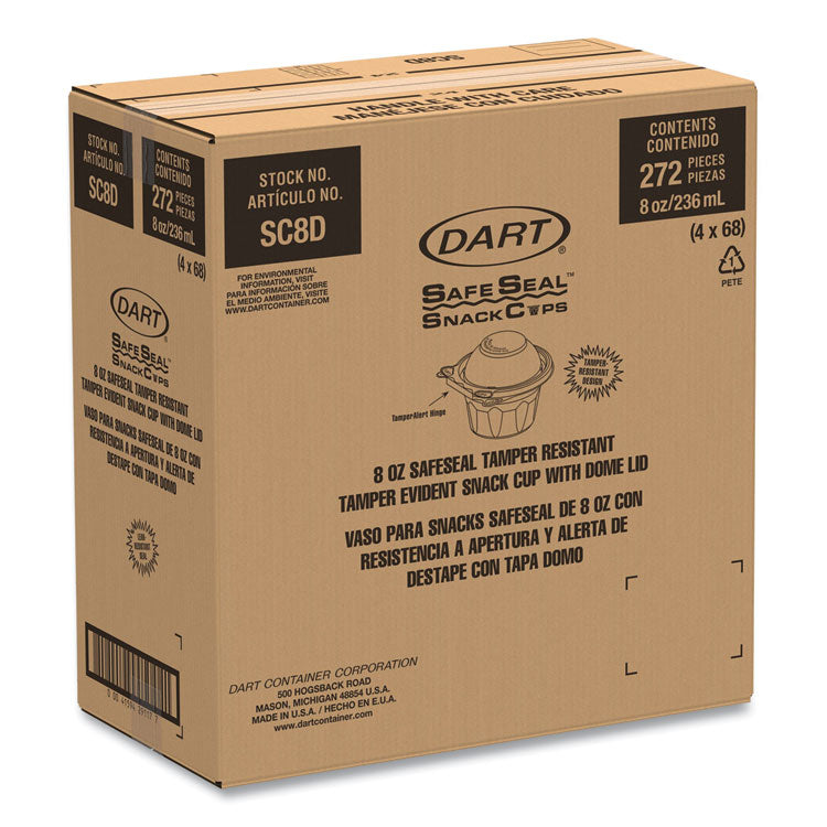 ClearPac SafeSeal Tamper-Resistant, Tamper-Evident Containers, Snack Cup, Domed Lid, 8 oz, Clear, Plastic, 272/Carton