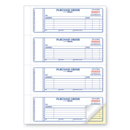 Purchase Order Book, 5 Lines, Two-Part Carbonless, 7 x 2.75, 4 Forms/Sheet, 400 Forms Total