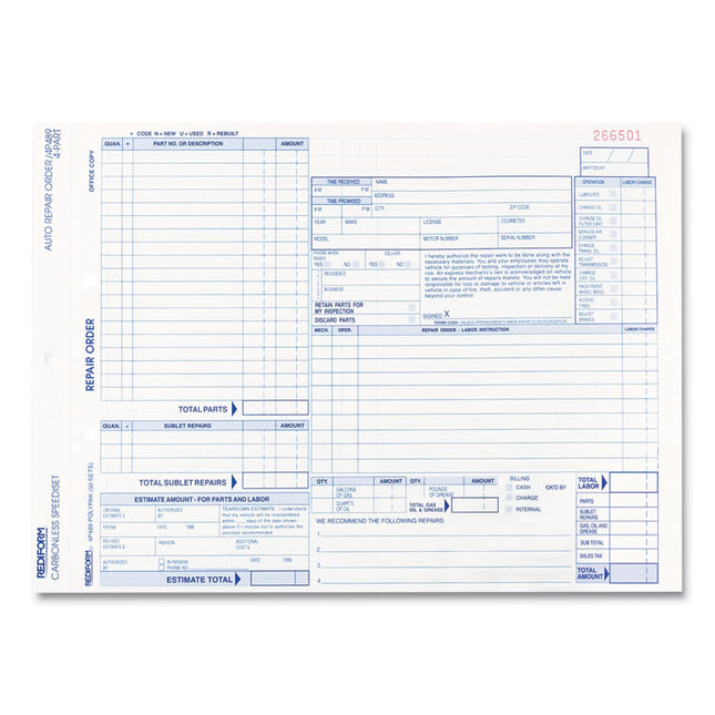 Speediset Four-Part Auto Repair Form, Four-Part Carbonless, 11 x 8.5, 50 Forms Total