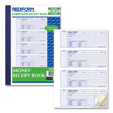 Money Receipt Book, Softcover, Three-Part Carbonless, 7 x 2.75, 4 Forms/Sheet, 100 Forms Total