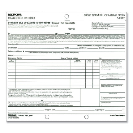 Speediset Bill of Lading, Short Form, Three-Part Carbonless, 7 x 8.5, 50 Forms Total
