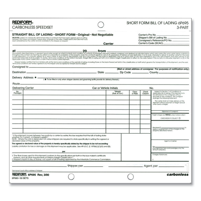 Speediset Bill of Lading, Short Form, Three-Part Carbonless, 7 x 8.5, 50 Forms Total