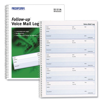 Follow-up Wirebound Voice Mail Log Book, One-Part (No Copies), 7.5 x 2, 5 Forms/Sheet, 500 Forms Total