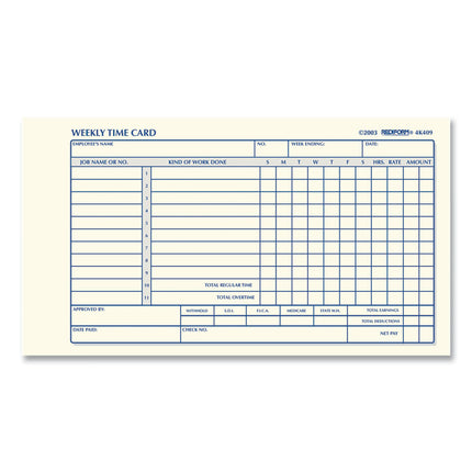 Weekly Employee Time Cards, One Side, 4.25 X 7, 100/pad