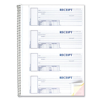Spiralbound Unnumbered Money Receipt Book, Three-Part Carbonless, 7 x 2.75, 4 Forms/Sheet, 120 Forms Total