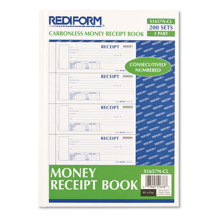 Durable Hardcover Numbered Money Receipt Book, Three-Part Carbonless, 6.88 x 2.75, 4 Forms/Sheet, 200 Forms Total