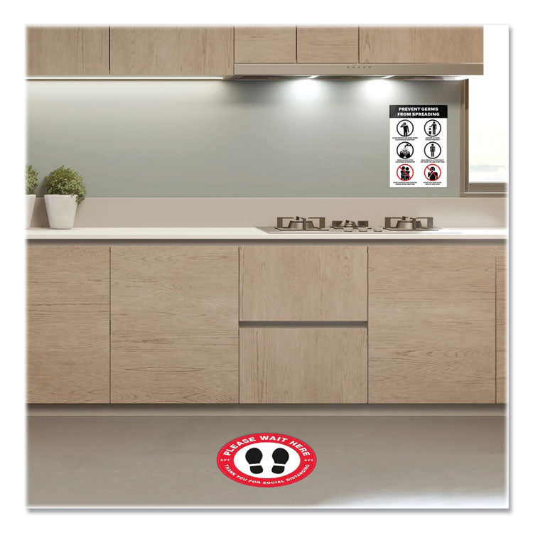 Preprinted Surface Safe Wall Decals, 7 X 10, Prevent Germs From Spreading, White/black Face, Black Graphics, 5/pack