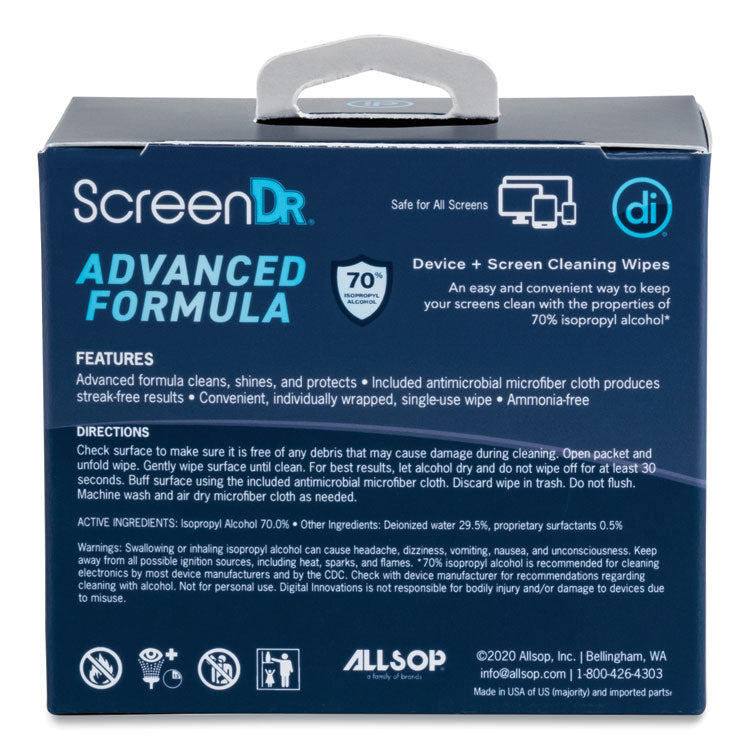 ScreenDr Device and Screen Cleaning Wipes, Includes 60 Individually Wrapped Wipes and 8" Microfiber Cloth, 6 x 5, White