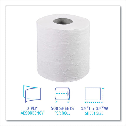 2-Ply Toilet Tissue, Septic Safe, White, 4.5 x 4.5, 500 Sheets/Roll, 96 Rolls/Carton