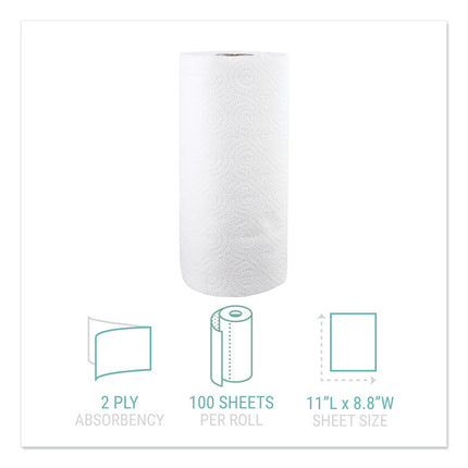 Kitchen Roll Towels, 2-Ply, 11 x 8.8, White, 100/Roll