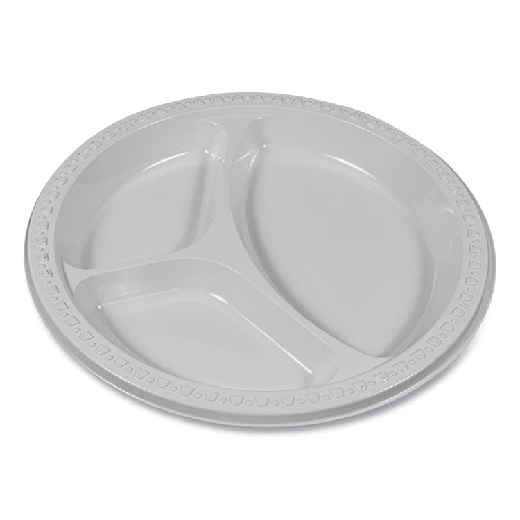 Plastic Dinnerware, 3-Compartment Plates, 9" dia, White, 125/Pack