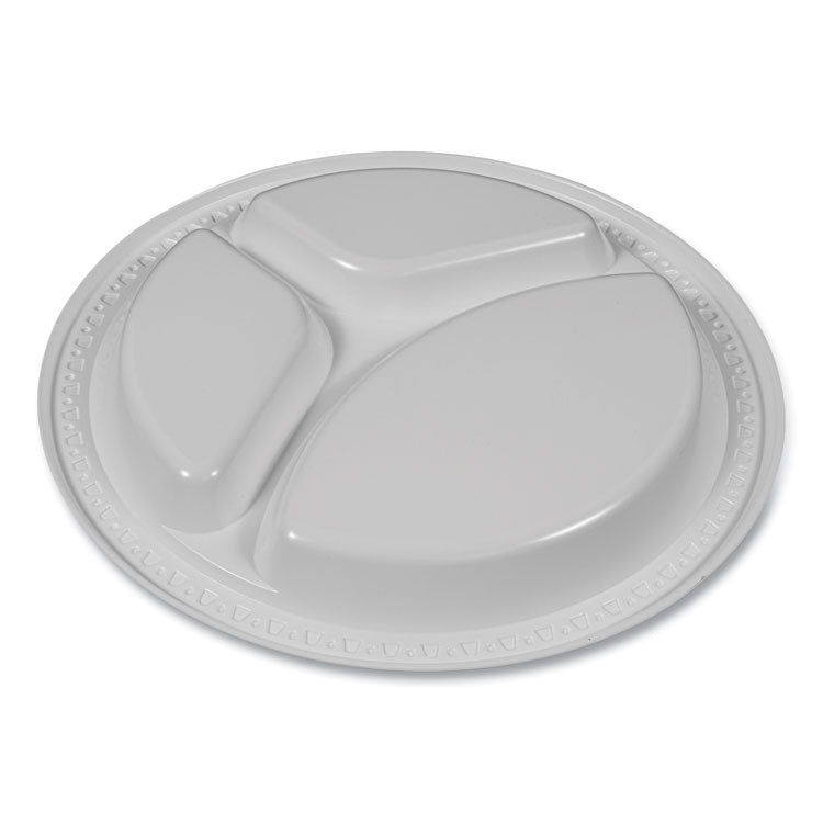 Plastic Dinnerware, 3-Compartment Plates, 9" dia, White, 125/Pack