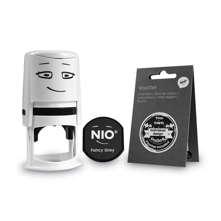 Stamp With Voucher And Fancy Gray Ink Pad, Self-Inking, 1.56" Diameter