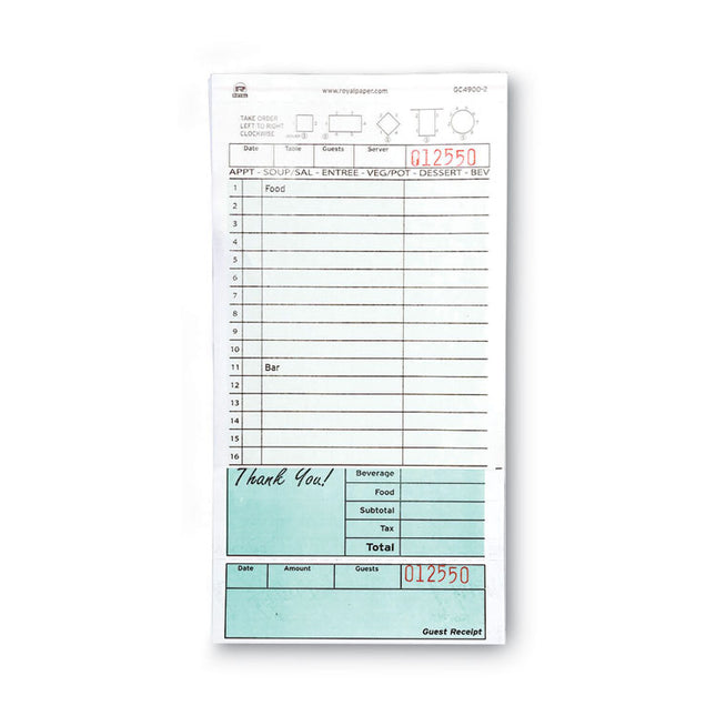 Guest Check Pad, 16 Lines, Two-Part Carbonless, 4.2 x 8.25, 50 Forms/Pad, 50 Pads/Carton