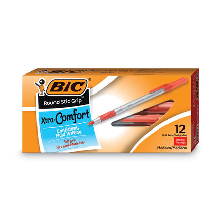 Round Stic Grip Xtra Comfort Ballpoint Pen, Easy-Glide System, Stick, Medium 1.2 mm, Red Ink, Gray/Red Barrel, Dozen