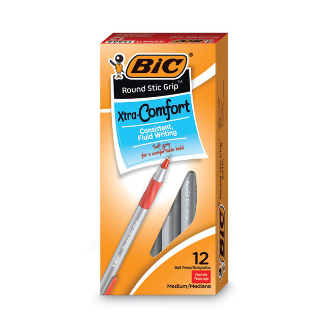 Round Stic Grip Xtra Comfort Ballpoint Pen, Easy-Glide System, Stick, Medium 1.2 mm, Red Ink, Gray/Red Barrel, Dozen