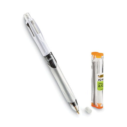 4-Color 3 + 1 Ballpoint Pen/Pencil, Retractable, Medium 1 mm Pen/0.7 mm Pencil, Black/Blue/Red Ink, Gray/White Barrel