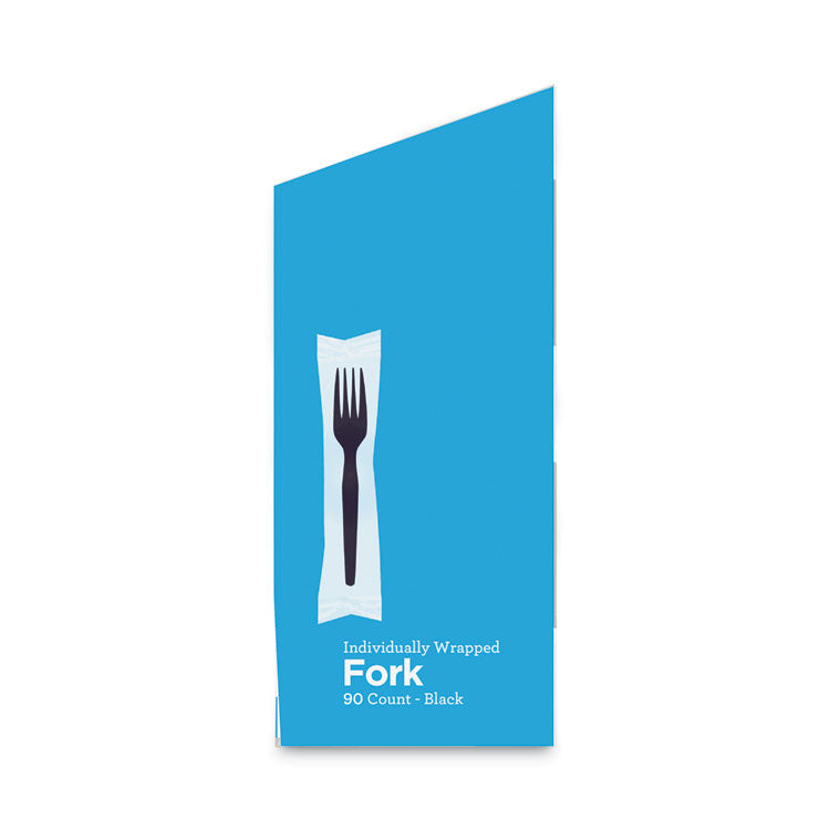Grab'N Go Wrapped Cutlery, Fork, Plastic, Black, 90/Box