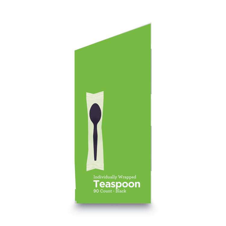 Grab'N Go Wrapped Cutlery, Spoon, Plastic, Black, 90/Box