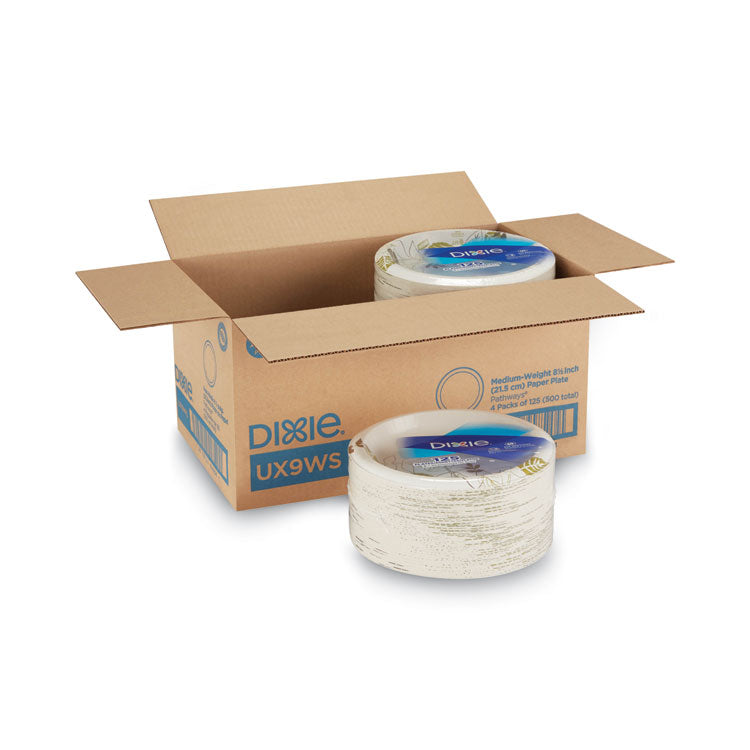 Pathways Soak-Proof Shield Mediumweight Paper Plates, Wisesize, 8.5" Dia, Green/burgundy, 125/pack, 4 Packs/carton