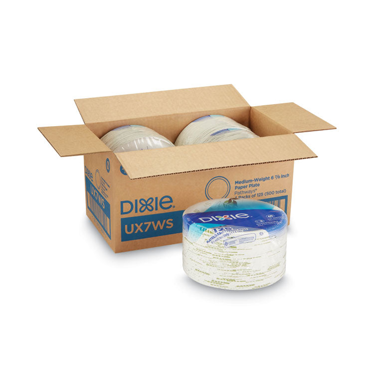 Pathways Soak-Proof Shield Mediumweight Paper Plates, WiseSize, 6.87" dia, Green/Burgundy, 500/Carton