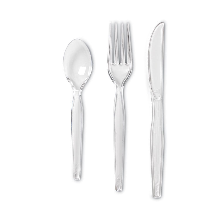 Cutlery Keeper Tray with Clear Plastic Utensils, Heavyweight, Fork/Knife/Spoon, Plastic, Crystal Clear, 1,800/Carton