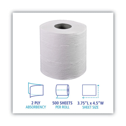 2-Ply Toilet Tissue, Septic Safe, White, 156.25 ft Roll Length, 500 Sheets/Roll, 96 Rolls/Carton