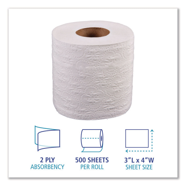 2-Ply Toilet Tissue, Standard, Septic Safe, White, 4 x 3, 500 Sheets/Roll, 96 Rolls/Carton