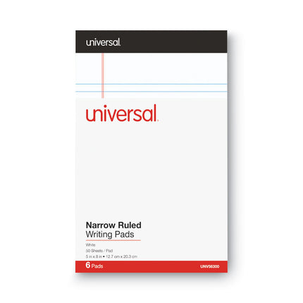 Premium Ruled Writing Pads With Heavy-Duty Back, Narrow Rule, Black Headband, 50 White 5 X 8 Sheets, 6/pack