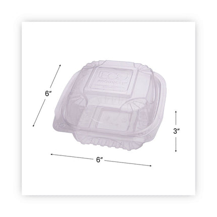 Renewable and Compostable Clear Clamshell Hinged Food Containers, 6 x 6 x 3, Plastic, 80/Pack, 3 Packs/Carton