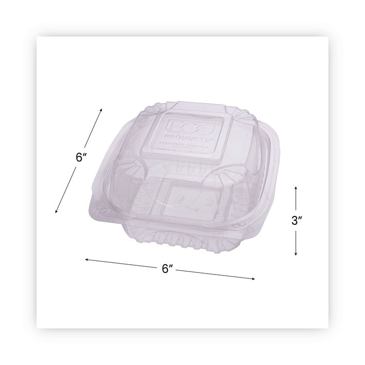 Renewable and Compostable Clear Clamshell Hinged Food Containers, 6 x 6 x 3, Plastic, 80/Pack, 3 Packs/Carton