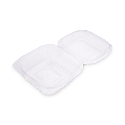 Renewable and Compostable Clear Clamshell Hinged Food Containers, 6 x 6 x 3, Plastic, 80/Pack, 3 Packs/Carton